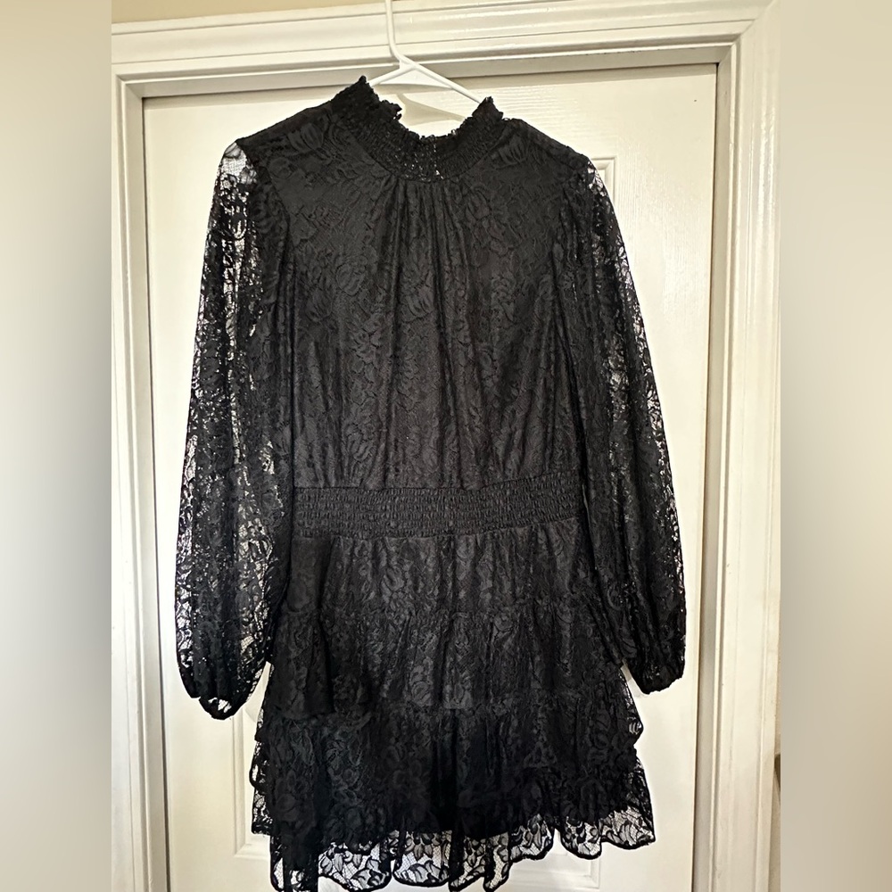 Express Lace Mock Neck Long Sleeve Tiered Ruffle Dress